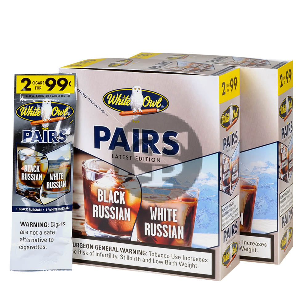 White Owl Cigarillos 99 Cent Pre Priced 30 Packs of 2 Cigars Pairs White Russian/Black Russian