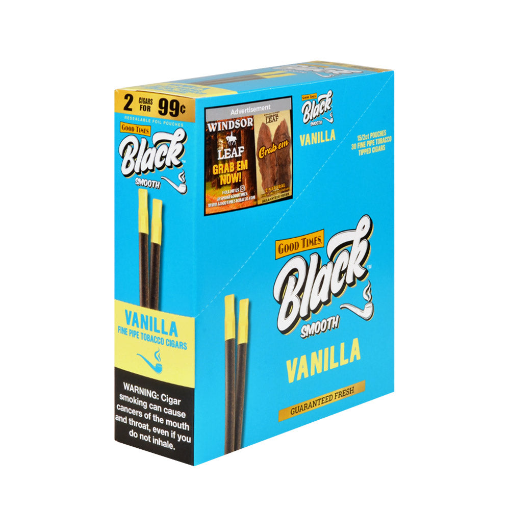 Good Times Black & Smooth Tipped Cigarillos 2/99 Cents 15 Pouches of 2 Vanilla