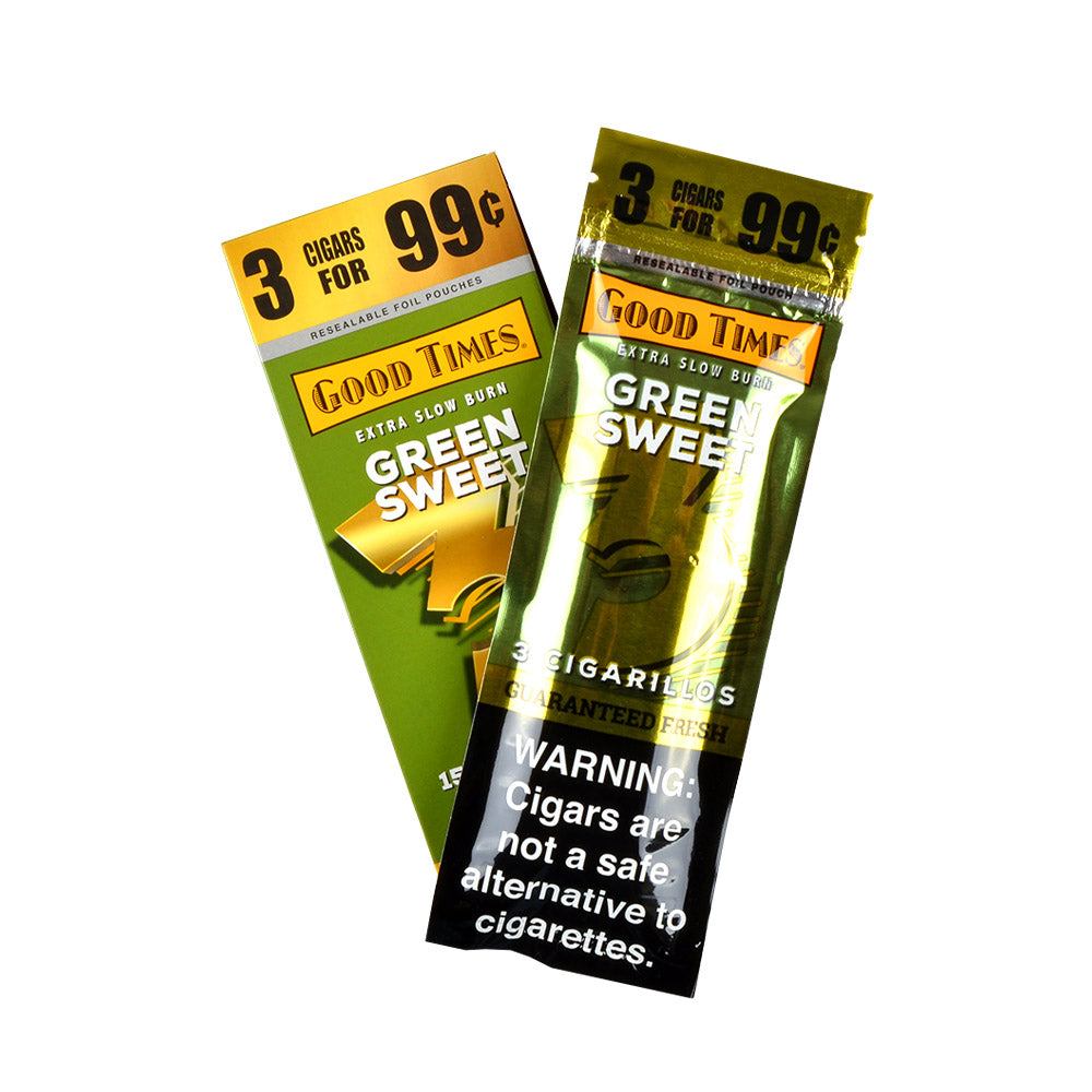 Good Times Cigarillos Green Sweet 3 for 99 Cents Pre Priced 15 Packs of 3